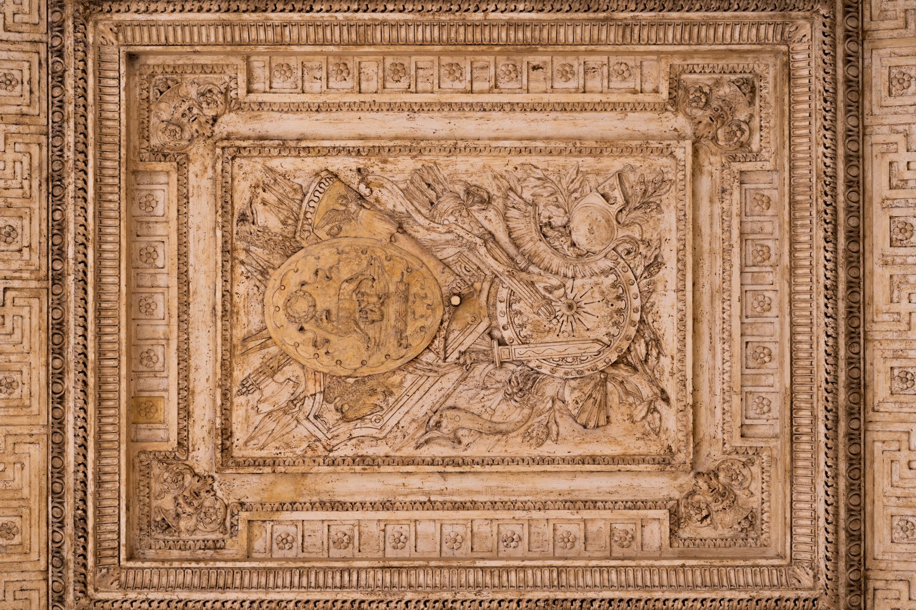 Detailed view of a carved ceiling showcasing ancient Roman architectural design. — Julius Caesar The Man Who Changed Rome For